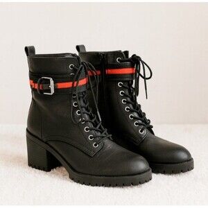 Madden NYC Georgiana Combat Boots Black Red Stripe Buckle Lug Sole 9.5 M
